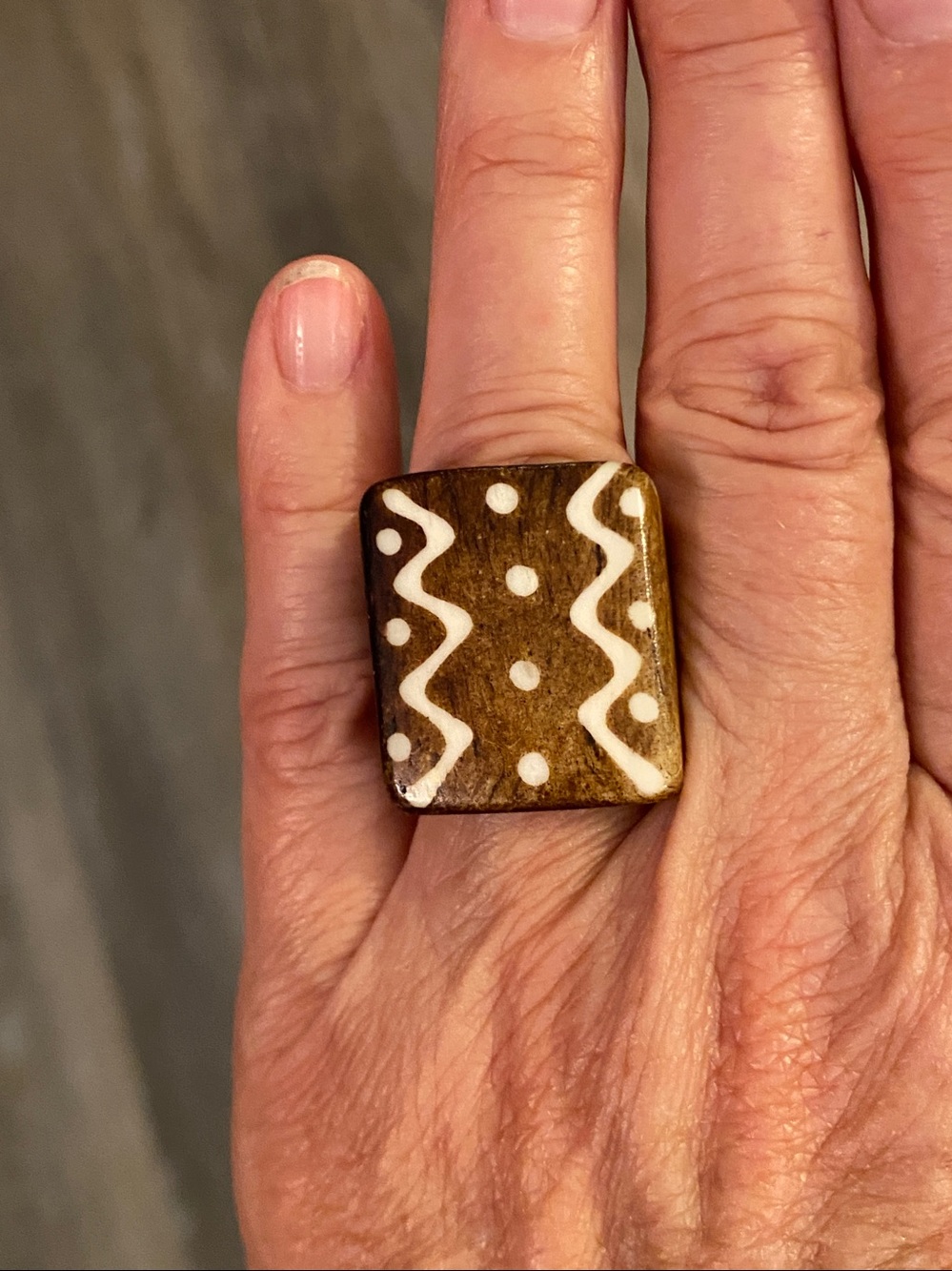 Hand Carved Bone Ring Tribal Mud Cloth Style Size 9.5 Statement Ring UNISEX